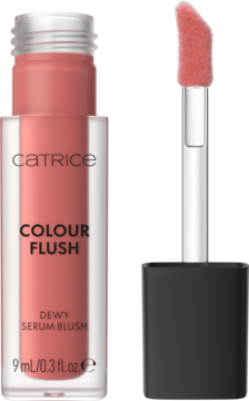 Catrice Colour Flush Dewy Serum Blush, płynny róż w butelce, aplikator z koralowym produktem obok, mokre wykończenie.