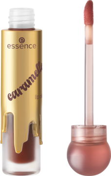 Essence Caramelted 01 olejek do ust. Butelka z wzorem złota ściekającego karmelu, aplikator obok.