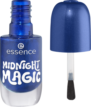 essence Midnight Magic 51, granatowy żelowy lakier z brokatem, otwarta butelka i aplikator.