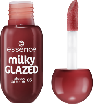 Błyszczący balsam essence milky GLAZED 06 Cherry on Top, burgundowa butelka i aplikator.