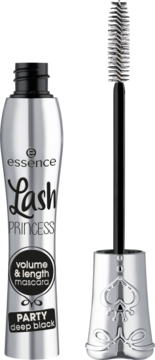 Mascara Essence Lash Princess Party deep black volume & length, srebrna tuba, otwarta, z aplikatorem obok.
