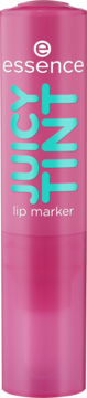 Różowy pisak Essence Juicy Tint 05 Plum Party, pionowo, z niebieskim napisem, do ust.
