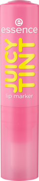 Wegański różowy pisak essence JUICY TINT 04 Raspberry Rush, przód, żółte napisy, malinowy zapach.