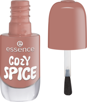 essence 47 COZY SPICE żelowy lakier do paznokci w ciepłym brązie, widok butelki i osobno pędzelka.