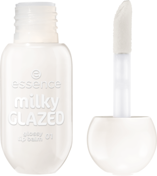 Biały, zaokrąglony balsam Essence milky GLAZED 01, obok biały, miękki aplikator, szkliste opakowanie.