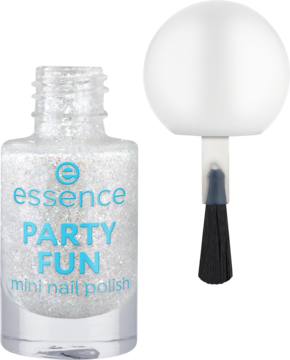 Srebrny lakier essence PARTY FUN mini z brokatem, butelka i aplikator z białym uchwytem, widok z przodu.