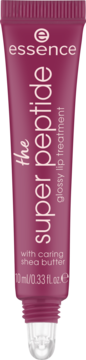 essence The Super Peptide glossy lip treatment, malinowa tuba z tekstem, 10ml, z aplikatorem kulkowym, widok z przodu.