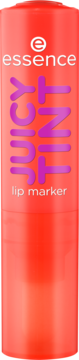 essence JUICY TINT 2 Strawberry Szn, czerwony pisak do ust z truskawkowym zapachem, pionowy widok z przodu.