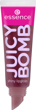 Błyszczyk Essence Juicy Bomb w tubce, brokatowy, ciemnoróżowy, ze skośnym aplikatorem, widok z przodu.
