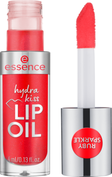 Essence Hydra Kiss Lip Oil Ruby Sparkle. Czerwona butelka i obok aplikator z błyszczącym koralowym płynem.