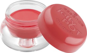 essence jelly POT 10 Hug Me! koralowy balsam do ust i policzków w otwartym słoiczku z żelową formułą i wieczkiem obok.