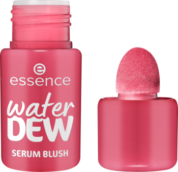 Otwarty róż w płynie Essence Water Dew Serum Blush w koralowej butelce z widocznym puszystym aplikatorem.
