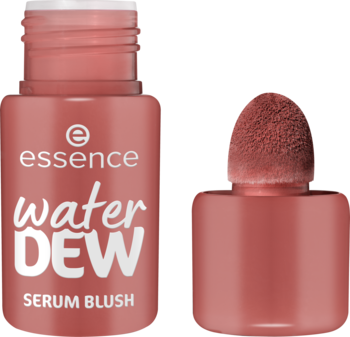 Essence Water Dew Serum Blush w matowej, różowej buteleczce, obok aplikator nasączony płynnym rumieńcem.