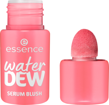 Róż Essence Water Dew Serum Blush w płynie, różowa butelka z wyjętym aplikatorem, widok z przodu.