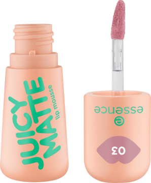 essence JUICY MATTE 03 Nude Pink, otwarta brzoskwiniowa butelka matowego musu do ust i aplikator.