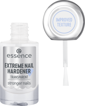 Essence Extreme Nail Hardener Transparent w szklanej butelce, obok aplikator z napisem Improved Texture.