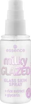 Biała butelka essence milky GLAZED GLASS SKIN SPRAY z fioletowym tekstem, przód, z ryżem i gliceryną.