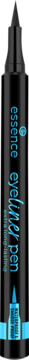 Czarny eyeliner essence Graphic Ink Waterproof z cienką końcówką, pionowy widok z przodu, niebieskie detale.
