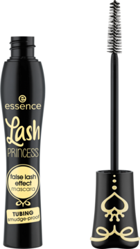 Czarna Essence Lash Princess False Lash Effect mascara z otwartym aplikatorem, widoczny napis 'TUBING smudge-proof'.