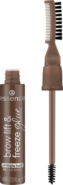essence brow lift & freeze glue 04 Dark Brown w otwartej brązowej tubce, z podwójnym aplikatorem.