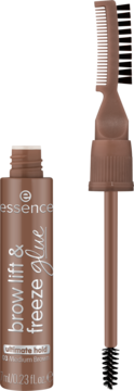 Essence Brow Lift & Freeze Glue 03 Medium Brown, otwarte opakowanie z aplikatorem ze szczoteczką i grzebykiem do brwi.