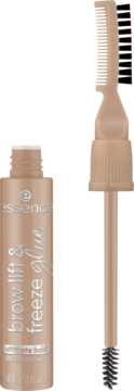 Essence Brow Lift & Freeze Glue, beżowy żel do brwi z aplikatorem-szczoteczką i grzebykiem do stylizacji, otwarty.