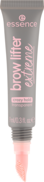 essence brow lifter extreme crazy hold transparent w szarej tubce z różowym aplikatorem, widok z przodu.