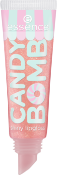Essence Candy Bomb shiny lipgloss w brokatowej różowej tubce ze wzorem w paski i aplikatorem, widok z przodu.