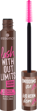 Essence Lash Without Limits Mascara Tubing Brown, otwarte opakowanie z brązową tubką i różową szczoteczką.