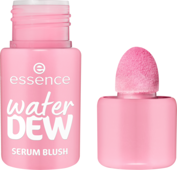 essence water DEW SERUM BLUSH w różowej butelce z aplikatorem typu doe-foot, widok z przodu.