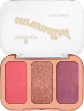 essence caramelted 01 Cheek Me Sweet paleta. Otwarta, 3 róże: matowa koralowa, połyskujący złoto-brązowy, matowy śliwkowy.