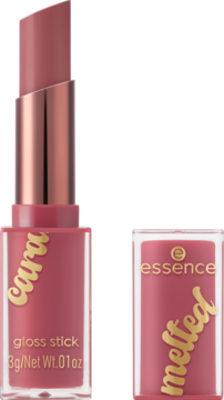 Błyszczyk essence caramelted 01 Sweet Lips, Caramel Kiss, otwarty, różowo-złoty sztyft i zakrętka.