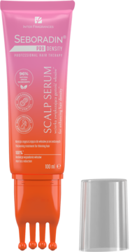 Seboradin Pro Density Scalp Serum, różowa tuba z pomarańczowym aplikatorem masującym do zagęszczania włosów.