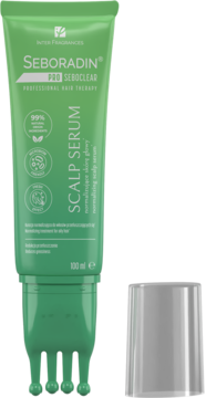 Zielone serum Seboradin SeboClear do przetłuszczającej się skóry głowy, tuba z aplikatorem-grzebieniem.