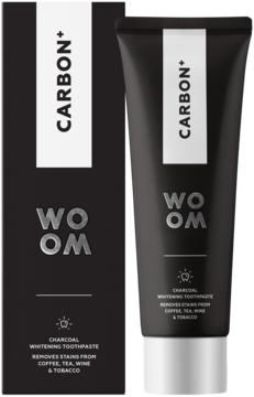 WOOM CARBON+ czarna wybielająca pasta węglowa w tubce i pudełku, z białymi napisami, widok z przodu.