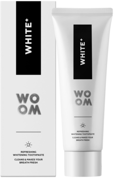 WOOM WHITE+ wybielająca pasta do zębów w białej tubce i pudełku, stojących obok siebie, widok z przodu.