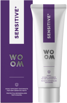 WOOM SENSITIVE+ pasta do zębów w fioletowo-białej tubce i pudełku, widok z przodu. Dla wrażliwych zębów.