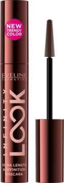 Eveline Infinity Look Mascara, miedziana tubka z etykietą "NEW TRENDY COLOR", otwarta z brązową szczoteczką.
