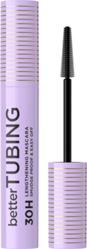 Fioletowa maskara better TUBING 30H lengthening, smudge proof & easy off, obok czarny pędzelek.
