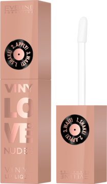 Eveline VinyLove Nudes Lip Liquid w beżowym opakowaniu, zamknięty i otwarty z białym aplikatorem. Z instrukcjami SHAKE, APPLY, WAIT.