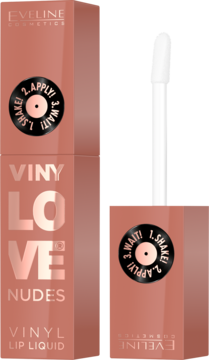 Eveline VinyLove Nudes Vinyl Lip Liquid, płynny błyszczyk w beżowym opakowaniu z aplikatorem, widok z przodu.