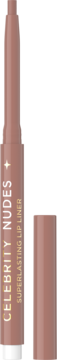 Eveline Celebrity Nudes Superlasting Lip Liner, beżowo-różowy, matowy, z widoczną końcówką i zdjętą skuwką.