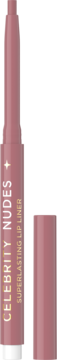 Konturówka do ust Eveline Celebrity Nudes, matowa, w odcieniu dusty rose, ze zdjętą skuwką, widoczna końcówka.