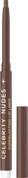 Konturówka Eveline Celebrity Nudes Superlasting Lip Liner, nude brąz. Wysunięty sztyft, odkręcona nakładka obok.