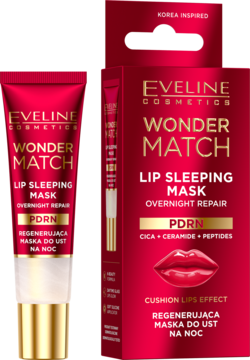 Eveline Wonder Match Lip Sleeping Mask, czerwona regenerująca maska na noc z PDRN, tubka i kartonik.