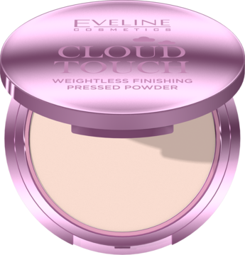 Otwarty puder prasowany Eveline Cloud Touch w błyszczącej, różowej kasetce, z widocznym jasnym pudrem, na ciemnym tle.