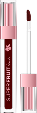 Żelowy tint do ust Superfruit, butelka i wyjęty aplikator z ciemnoczerwonym płynem, widok z przodu.