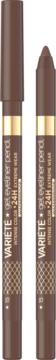 Dwie brązowe wodoodporne kredki żelowe VARIETE Eyeliner 24H, intensywny kolor, jedna otwarta, z przodu.