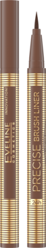 Brązowy eyeliner Eveline Precise Brush Liner z precyzyjnym pędzelkiem, zamknięty i otwarty, widok z przodu.