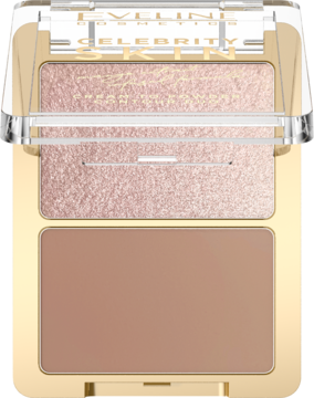 Eveline Celebrity Skin kremowo-pudrowy duet do konturowania, złota paletka, różowy rozświetlacz i beżowy bronzer. Widok z góry.